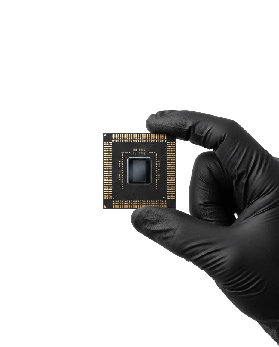 A hand in a black glove holding a small microchip between thumb and finger.